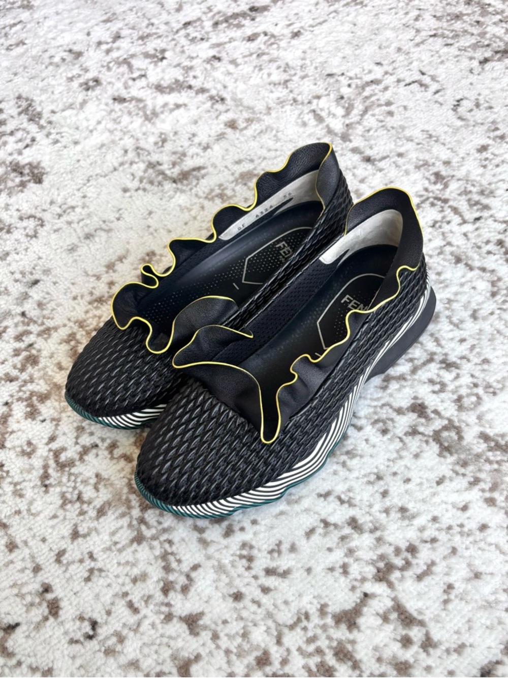 Fendi Ruffle Trim Nappa Leather Slip-On Sneakers - Black with Yellow Piping